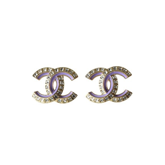 Chanel CC Crystal Strass Stud Earrings Purple Gold - Picture 1 of 1